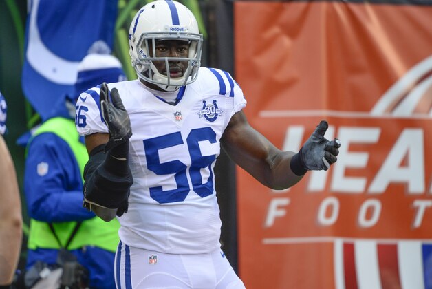Dec 8, 2013; Cincinnati, OH, USA; Indianapolis Colts linebacker Daniel Adongo (56)  warms up before the game against the Cincinnati Bengals at Paul Brown Stadium. Mandatory Credit: Marc Lebryk-USA TODAY Sports