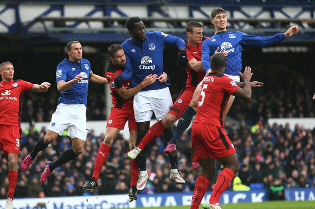 LIVERPOOL, ENGLAND - FEBRUARY 22:  L-R Phil Jagielka,Romelu Lukaku and John Stones of Everton in goalmouth action during the Barclays Premier League match between Everton and Leicester City at Goodison Park on February 22, 2015 in Liverpool, England.  (Photo by Clive Brunskill/Getty Images)