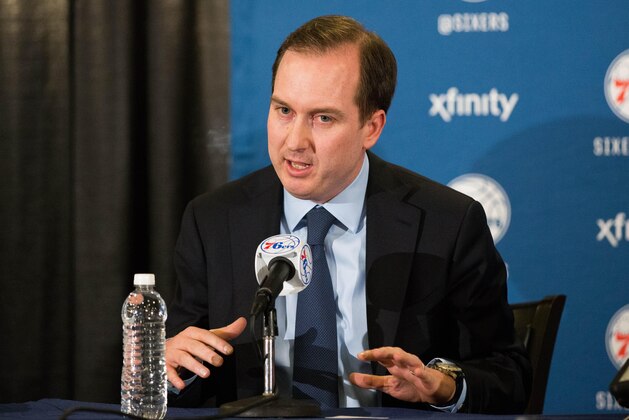 Dec 7, 2015; Philadelphia, PA, USA; Philadelphia 76ers general manager Sam Hinkie speaks to the media during a press conference to introduce Jerry Colangelo (not pictured) as special advisor before a game against the San Antonio Spurs at Wells Fargo Center. Mandatory Credit: Bill Streicher-USA TODAY Sports
