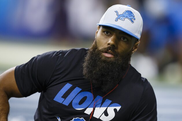Detroit Lions outside linebacker DeAndre Levy (54) prior to an NFL football game against the Denver Broncos at Ford Field in Detroit, Sunday, Sept. 27, 2015. (AP Photo/Rick Osentoski)