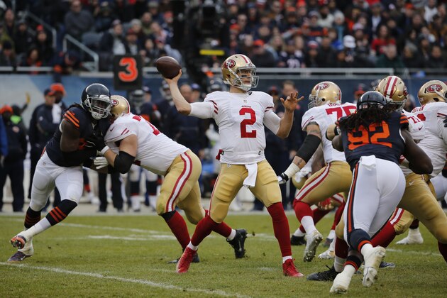 San Francisco 49ers quarterback Blaine Gabbert (2) passes against the Chicago Bears during the second half of an NFL football game, Sunday, Dec. 6, 2015, in Chicago. (AP Photo/Charles Rex Arbogast)