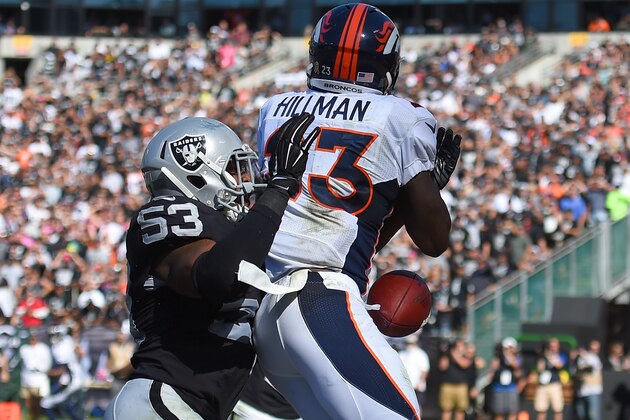OAKLAND, CA - OCTOBER 11:  Malcolm Smith #53 of the Oakland Raiders breaks up the pass in the endzone to Ronnie Hillman #23 of the Denver Broncos during the second quarter at the O.co Coliseum on October 11, 2015 in Oakland, California.  (Photo by Thearon W. Henderson/Getty Images)
