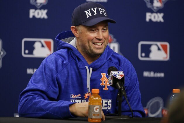 New York Mets' Michael Cuddyer speaks during a news conference before Friday's Game 3 of the Major League Baseball World Series against the Kansas City Royals, Thursday, Oct. 29, 2015, in New York. (AP Photo/Frank Franklin II)