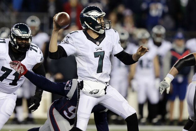 Philadelphia Eagles quarterback Sam Bradford (7) passes against the New England Patriots during the first half of an NFL football game, Sunday, Dec. 6, 2015, in Foxborough, Mass. (AP Photo/Charles Krupa)