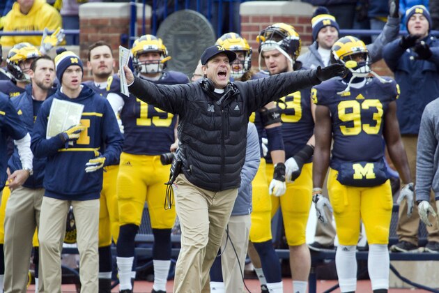Michigan head coach Jim Harbaugh react on the sideline after a Michigan penalty in the first quarter of an NCAA college football game against Ohio State in Ann Arbor, Mich., Saturday, Nov. 28, 2015. (AP Photo/Tony Ding)