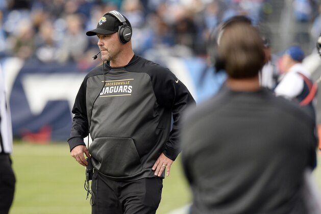 Jacksonville Jaguars head coach Gus Bradley watches the action in the second half of an NFL football game against the Tennessee Titans Sunday, Dec. 6, 2015, in Nashville, Tenn. (AP Photo/Mark Zaleski)