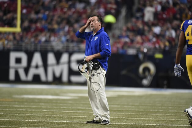 St. Louis Rams head coach Jeff Fisher pauses during a timeout in the second quarter of an NFL football game against the Arizona Cardinals on Sunday, Dec. 6, 2015, in St. Louis. (AP Photo/L.G. Patterson)