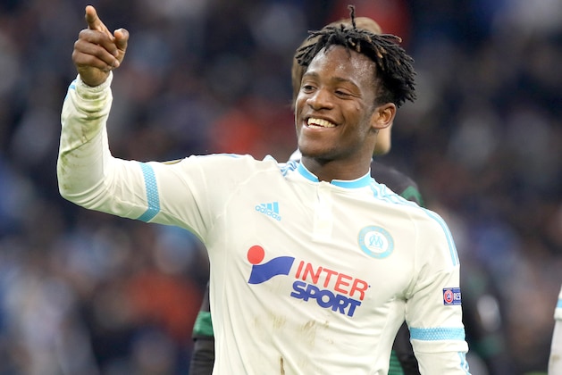 Marseille's Belgian forward Michy Batshuayi, reacts after scoring against Groningen, during a group F Europa League  soccer match between Marseille and Groningen, at the Velodrome stadium, in Marseille, southern France, Thursday, Nov.26, 2015.  (AP Photo/Claude Paris)