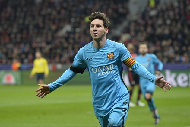 Barcelona's Lionel Messi celebrates after scoring the opening goal during the Champions League Group E soccer match between Bayer Leverkusen and FC Barcelona in Leverkusen, western Germany, Wednesday, Dec. 9, 2015. (AP Photo/Martin Meissner)
