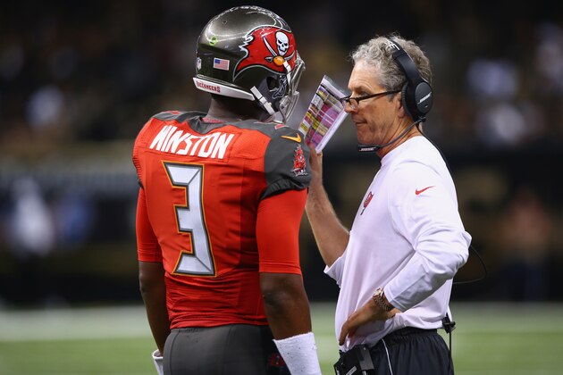 NEW ORLEANS, LA - SEPTEMBER 20:  Offensive coordinator Dirk Koetter and Jameis Winston #3 of the Tampa Bay Buccaneers at Mercedes-Benz Superdome on September 20, 2015 in New Orleans, Louisiana.  (Photo by Ronald Martinez/Getty Images)