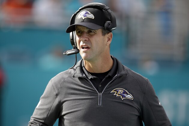Baltimore Ravens head coach John Harbaugh stands on the sidelines during the second half of an NFL football game against the Miami Dolphins, Sunday, Dec. 6, 2015, in Miami Gardens, Fla.  (AP Photo/Lynne Sladky)