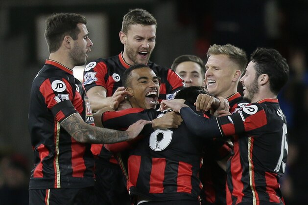 Bournemouth’s Junior Stanislas, center, celebrates after scoring a goal during the English Premier League soccer match between Bournemouth and Manchester United at the Vitality Stadium in Bournemouth, England, Saturday Dec. 12, 2015. (AP Photo/Tim Ireland) Bournemouth’s Junior Stanislas, center, celebrates after scoring a goal during the English Premier League soccer match between Bournemouth and Manchester United at the Vitality Stadium in Bournemouth, England, Saturday Dec. 12, 2015. (AP Photo/Tim Ireland)