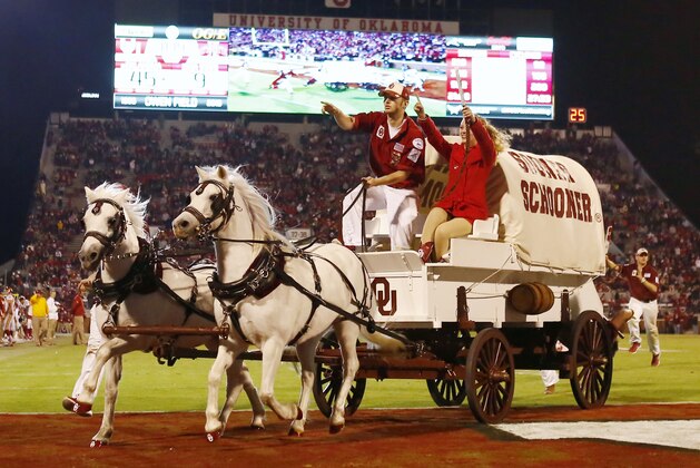 The Oklahoma Sooner Schooner runs after an Oklahoma touchdown against Iowa State during the fourth quarter of an NCAA college football game in Norman, Okla., on Saturday, Nov. 7, 2015. Oklahoma won 52-16. (AP Photo/Alonzo Adams) The Oklahoma Sooner Schooner runs after an Oklahoma touchdown against Iowa State during the fourth quarter of an NCAA college football game in Norman, Okla., on Saturday, Nov. 7, 2015. Oklahoma won 52-16. (AP Photo/Alonzo Adams)
