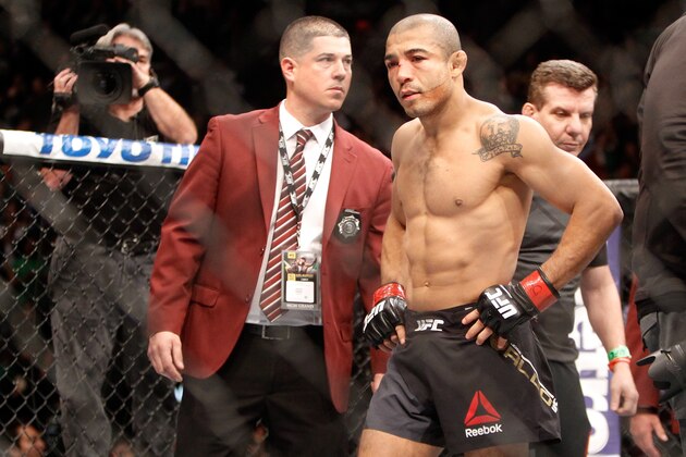 LAS VEGAS, NV - DECEMBER 12:  Jose Aldo walks across the Octagon after losing to Conor McGregor in their featherweight title fight during UFC 194 on December 12, 2015 in Las Vegas, Nevada. McGregor took the title with a first-round TKO. (Photo by Steve Marcus/Getty Images)