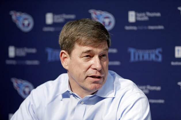 Tennessee Titans general manager Ruston Webster answers questions at a news conference Friday, May 9, 2014, in Nashville, Tenn. (AP Photo/Mark Humphrey)