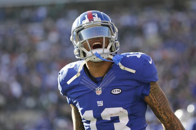 New York Giants wide receiver Odell Beckham (13) reacts during the first half of an NFL football game against the New York Jets Sunday, Dec. 6, 2015, in East Rutherford, N.J. (AP Photo/Peter Morgan)