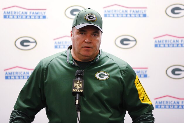 Green Bay Packers head coach Mike McCarthy speaks after beating the Detroit Lions 27-23 in an NFL football game, Thursday, Dec. 3, 2015, in Detroit. (AP Photo/Paul Sancya)