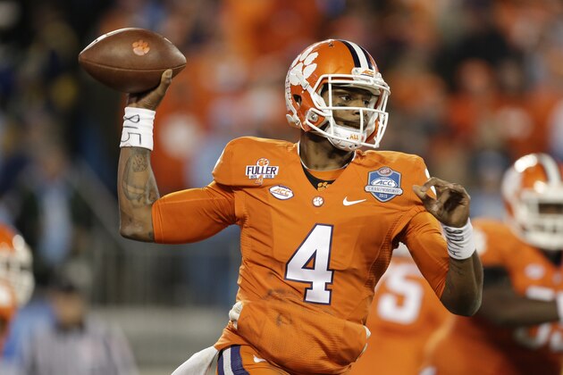 Clemson quarterback Deshaun Watson (4) passes against North Carolina during the first half of the Atlantic Coast Conference championship NCAA college football game in Charlotte, N.C., Saturday, Dec. 5, 2015. (AP Photo/Bob Leverone)
