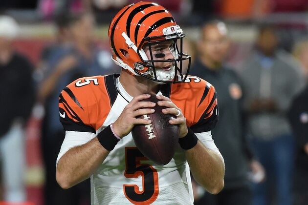 GLENDALE, AZ - NOVEMBER 22: AJ McCarron #5 of the Cincinnati Bengals warms up before the NFL game against the Arizona Cardinals at University of Phoenix Stadium on November 22, 2015 in Glendale, Arizona. (Photo by Norm Hall/Getty Images)