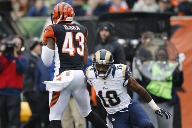 St. Louis Rams wide receiver Kenny Britt (18) reacts as Cincinnati Bengals strong safety George Iloka (43) intercepts a pass in the second half of an NFL football game, Sunday, Nov. 29, 2015, in Cincinnati. (AP Photo/Gary Landers)