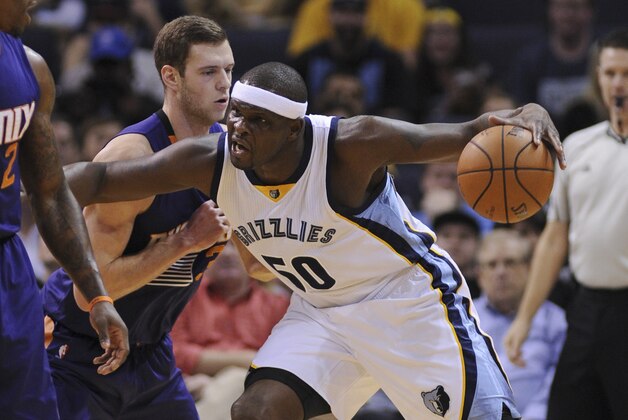 Dec 6, 2015; Memphis, TN, USA; Memphis Grizzlies forward Zach Randolph (50) posts up against Phoenix Suns forward Jon Leuer (30) during the second quarter at FedExForum. Mandatory Credit: Justin Ford-USA TODAY Sports
