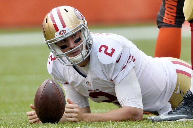 San Francisco 49ers quarterback Blaine Gabbert (2) reacts after being sacked during the first half of an NFL football game against the Cleveland Browns, Sunday, Dec. 13, 2015, in Cleveland. (AP Photo/David Richard)