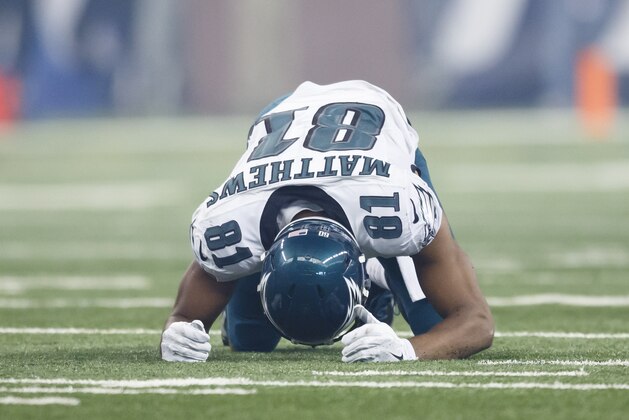 Philadelphia Eagles wide receiver Jordan Matthews (81) on the field after getting injured against the Detroit Lions during an NFL football game at Ford Field in Detroit, Thursday, Nov. 26, 2015. (AP Photo/Rick Osentoski)