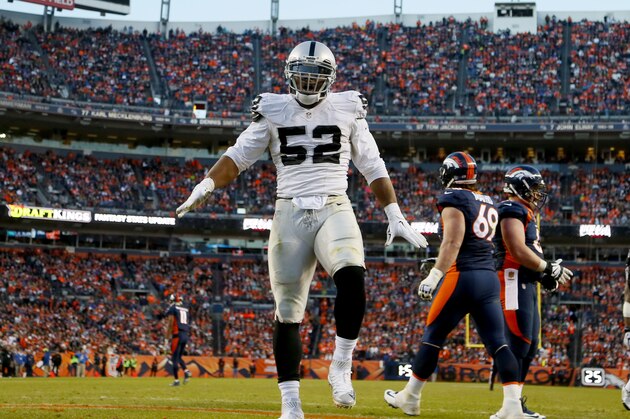 Oakland Raiders defensive end Khalil Mack (52) dances in the end zone after forcing a safety against the Denver Broncos during the second half of an NFL football game, Sunday, Dec. 13, 2015, in Denver. (AP Photo/Joe Mahoney)