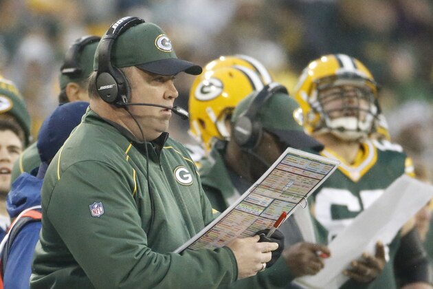 Green Bay Packers head coach Mike McCarthy calls a play during the first half of an NFL football game against the Dallas Cowboys Sunday, Dec. 13, 2015, in Green Bay, Wis. (AP Photo/Morry Gash)