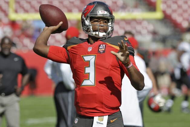 Tampa Bay Buccaneers quarterback Jameis Winston (3) before an NFL football game against the New Orleans Saints Sunday, Dec. 13, 2015, in Tampa, Fla. (AP Photo/Chris O'Meara)