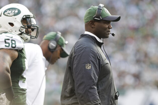 New York Jets head coach Todd Bowles watches his team play during the first half of an NFL football game against the Tennessee Titans Sunday, Dec. 13, 2015, in East Rutherford, N.J.  (AP Photo/Peter Morgan)
