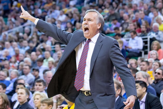 Apr 14, 2014; Salt Lake City, UT, USA; Los Angeles Lakers head coach Mike D'Antoni reacts to a call during the second half against the Utah Jazz at EnergySolutions Arena. The Lakers won 119-104. Mandatory Credit: Russ Isabella-USA TODAY Sports