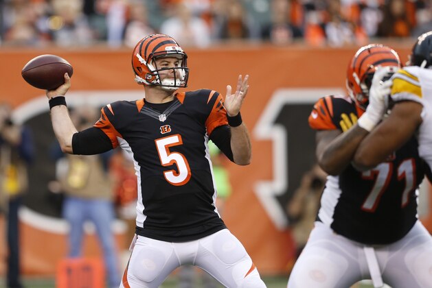 Cincinnati Bengals quarterback AJ McCarron (5) throws in the second half of an NFL football game against the Pittsburgh Steelers, Sunday, Dec. 13, 2015, in Cincinnati. (AP Photo/Gary Landers) Cincinnati Bengals quarterback AJ McCarron (5) throws in the second half of an NFL football game against the Pittsburgh Steelers, Sunday, Dec. 13, 2015, in Cincinnati. (AP Photo/Gary Landers)