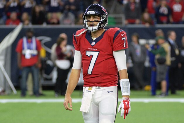 Houston Texans quarterback Brian Hoyer (7) walks off the field after an incomplete pass during the second half of an NFL football game against the New England Patriots, Sunday,  Dec. 13, 2015, in Houston. (AP Photo/George Bridges)