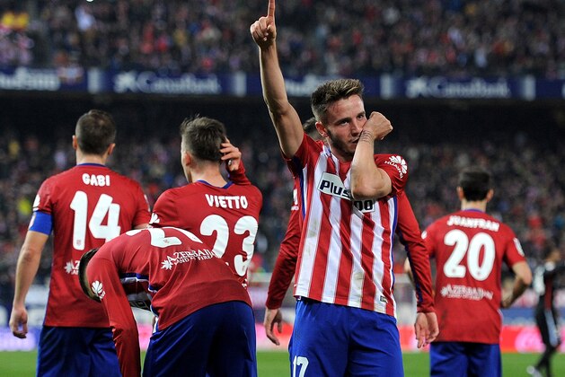 MADRID, SPAIN - DECEMBER 13:  Saul Niguez of Club Atletico de Madrid celebrates after scoring his team's opening goal during the La Liga match between Club Atletico de Madrid and Athletic Club at Vicente Calderon Stadium on December 13, 2015 in Madrid, Spain.  (Photo by Denis Doyle/Getty Images)