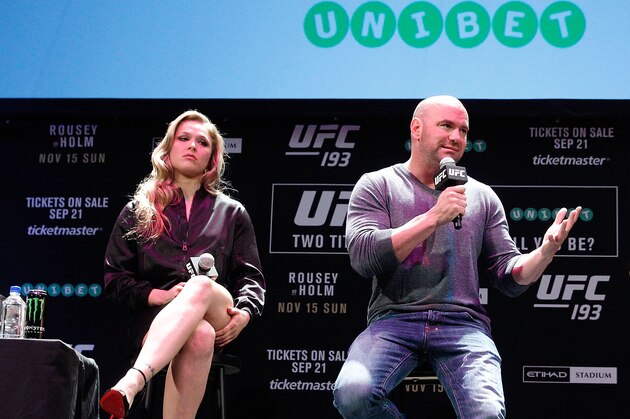 SYDNEY, AUSTRALIA - SEPTEMBER 17:  Ronda Rousey, Dana White and Holly Holm speak during a UFC 193 Sydney Fan Event on September 17, 2015 in Sydney, Australia.  (Photo by Brendon Thorne/Zuffa LLC/Zuffa LLC via Getty Images)