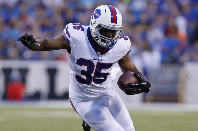 Aug 14, 2015; Orchard Park, NY, USA; Buffalo Bills running back Bryce Brown (35) runs with the ball after a catch against the Carolina Panthers during the first half at a preseason NFL football game at Ralph Wilson Stadium. Mandatory Credit: Kevin Hoffman-USA TODAY Sports