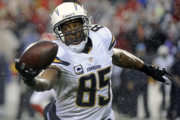 San Diego Chargers tight end Antonio Gates (85) makes a catch during the first half of an NFL football game against the Kansas City Chiefs in Kansas City, Mo., Sunday, Dec. 13, 2015. (AP Photo/Ed Zurga)