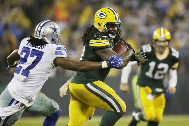 Green Bay Packers' Eddie Lacy runs during the second half of an NFL football game against the Dallas Cowboys Sunday, Dec. 13, 2015, in Green Bay, Wis. (AP Photo/Jeffrey Phelps)