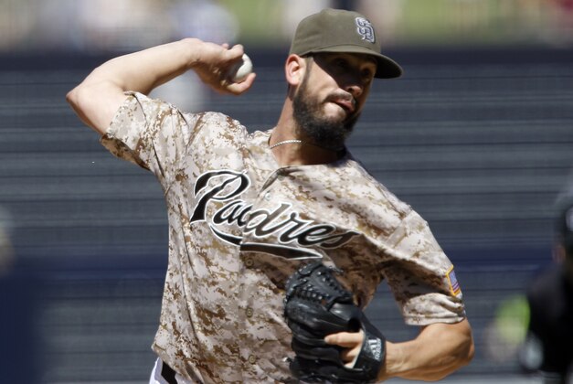 San Diego Padres starting pitcher James Shields throws to the plate against the Arizona Diamondbacks during the first inning of a baseball game in San Diego, Sunday, Sept. 27, 2015. (AP Photo/Alex Gallardo)