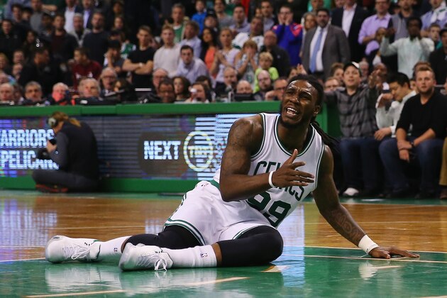 BOSTON, MA - APRIL 23:  Jae Crowder #99 of the Boston Celtics disputes a call after a foul is called against him during the fourth quarter against the Cleveland Cavaliers in the first round of the 2015 NBA Playoffs at TD Garden on April 23, 2015 in Boston, Massachusetts.The Cavaliers defeat the Celtics 103-95. NOTE TO USER: User expressly acknowledges and agrees that, by downloading and/or using this photograph, user is consenting to the terms and conditions of the Getty Images License Agreement.  (Photo by Maddie Meyer/Getty Images)
