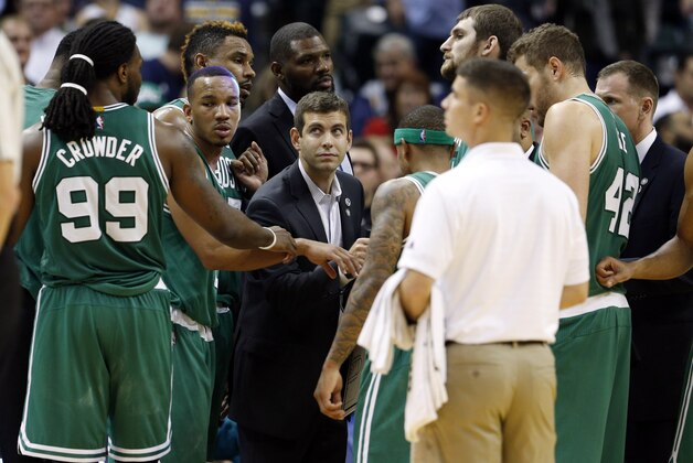 Nov 4, 2015; Indianapolis, IN, USA; Boston Celtics coach Brad Stevens talks to his team during a time out in a game against the Indiana Pacers at Bankers Life Fieldhouse. Indiana defeats Boston 100-98. Mandatory Credit: Brian Spurlock-USA TODAY Sports