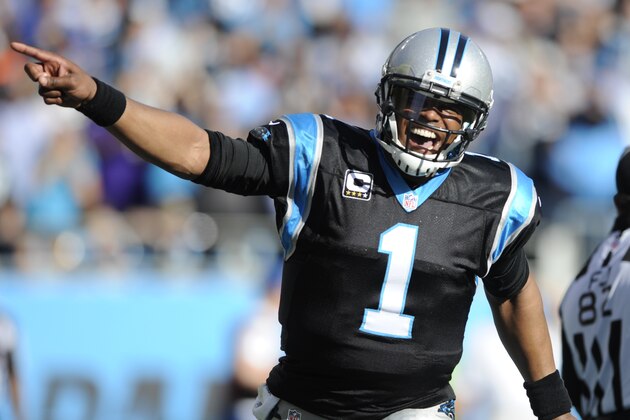 Carolina Panthers' Cam Newton (1) celebrates a touchdown against the Atlanta Falcons in the first half of an NFL football game in Charlotte, N.C., Sunday, Dec. 13, 2015. (AP Photo/Mike McCarn)