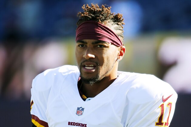Washington Redskins wide receiver DeSean Jackson before a NFL football game against the New England Patriots at Gillette Stadium in Foxborough, Mass. Sunday Nov. 8, 2015. (Winslow Townson/AP Images for Panini)