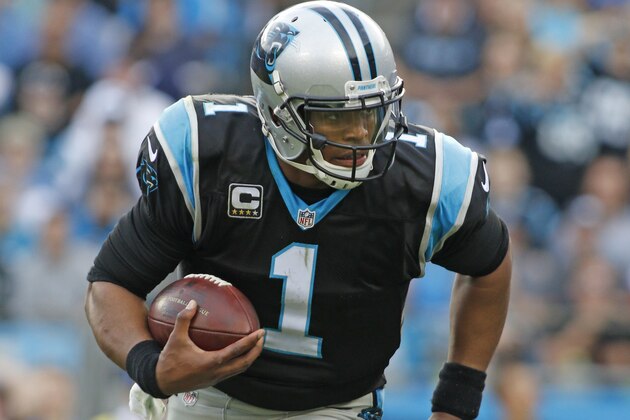 Carolina Panthers' Cam Newton (1) scrambles against the Atlanta Falcons in the second half of an NFL football game in Charlotte, N.C., Sunday, Dec. 13, 2015. (AP Photo/Bob Leverone)