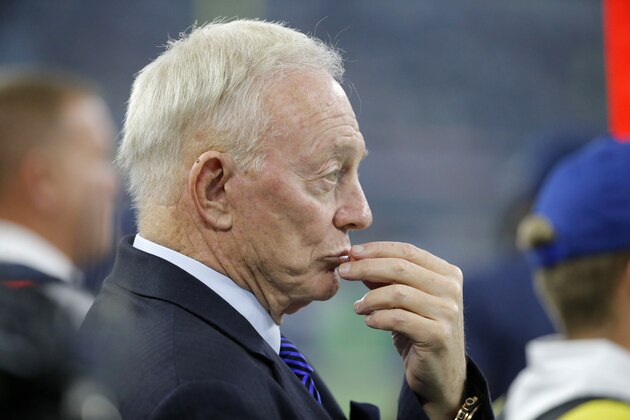 Dallas Cowboys team owner Jerry Jones stands on the field for a presentation at half time of an NFL football game against the Seattle Seahawks Sunday, Nov. 1, 2015, in Arlington, Texas. (AP Photo/Brandon Wade)