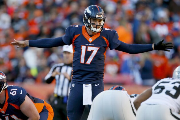 Denver Broncos quarterback Brock Osweiler (17) calls a play against the Oakland Raiders during the first half of an NFL football game, Sunday, Dec. 13, 2015, in Denver. (AP Photo/Joe Mahoney)