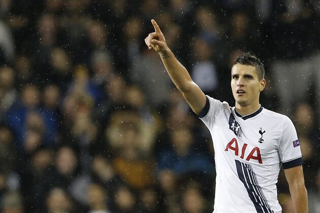 Tottenham’s Erik Lamela celebrates after scoring during the Europa League group J soccer match between Tottenham Hotspur and AS Monaco in London,  Thursday, Dec. 10, 2015 . (AP Photo/Frank Augstein)