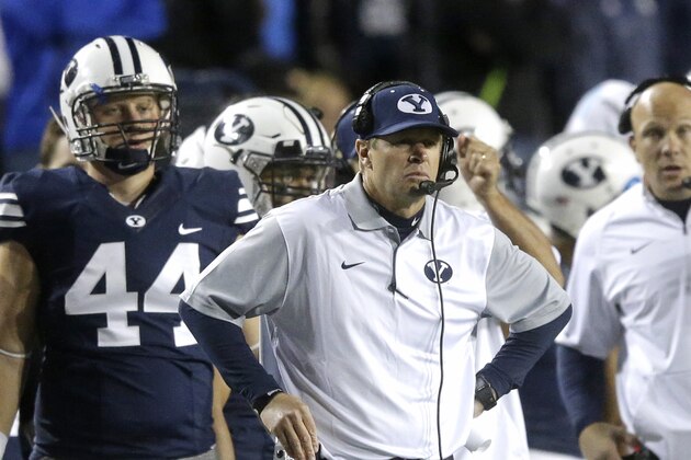 BYU head coach Bronco Mendenhall looks on in the second half during an NCAA college football game against Connecticut Friday, Oct. 2, 2015, in Provo, Utah. BYU won 30-13. (AP Photo/Rick Bowmer)