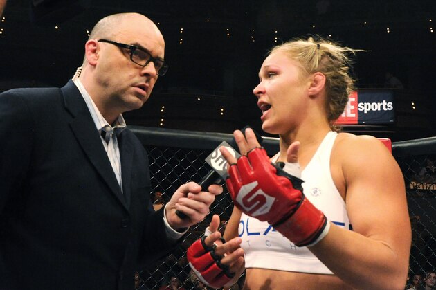 LAS VEGAS - AUGUST 12:  Ronda Rousey speaks with Mauro Ranallo at the Pearl at the Palms on August 12, 2011 in Las Vegas, Nevada.  (Photo by Kari Hubert/Forza LLC/Forza LLC via Getty Images)